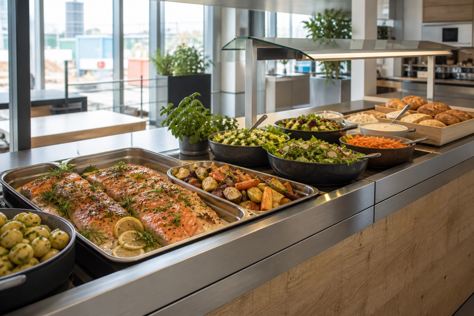 Fresh salmon, vegetables and salads on a modern catering buffet