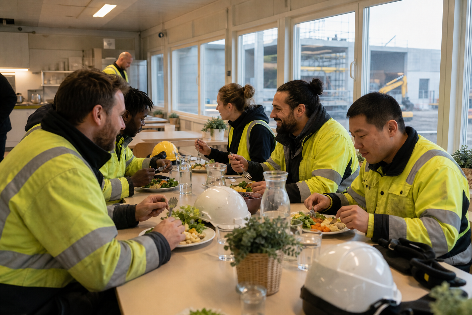Construction professionals sharing a meal in a worksite canteen