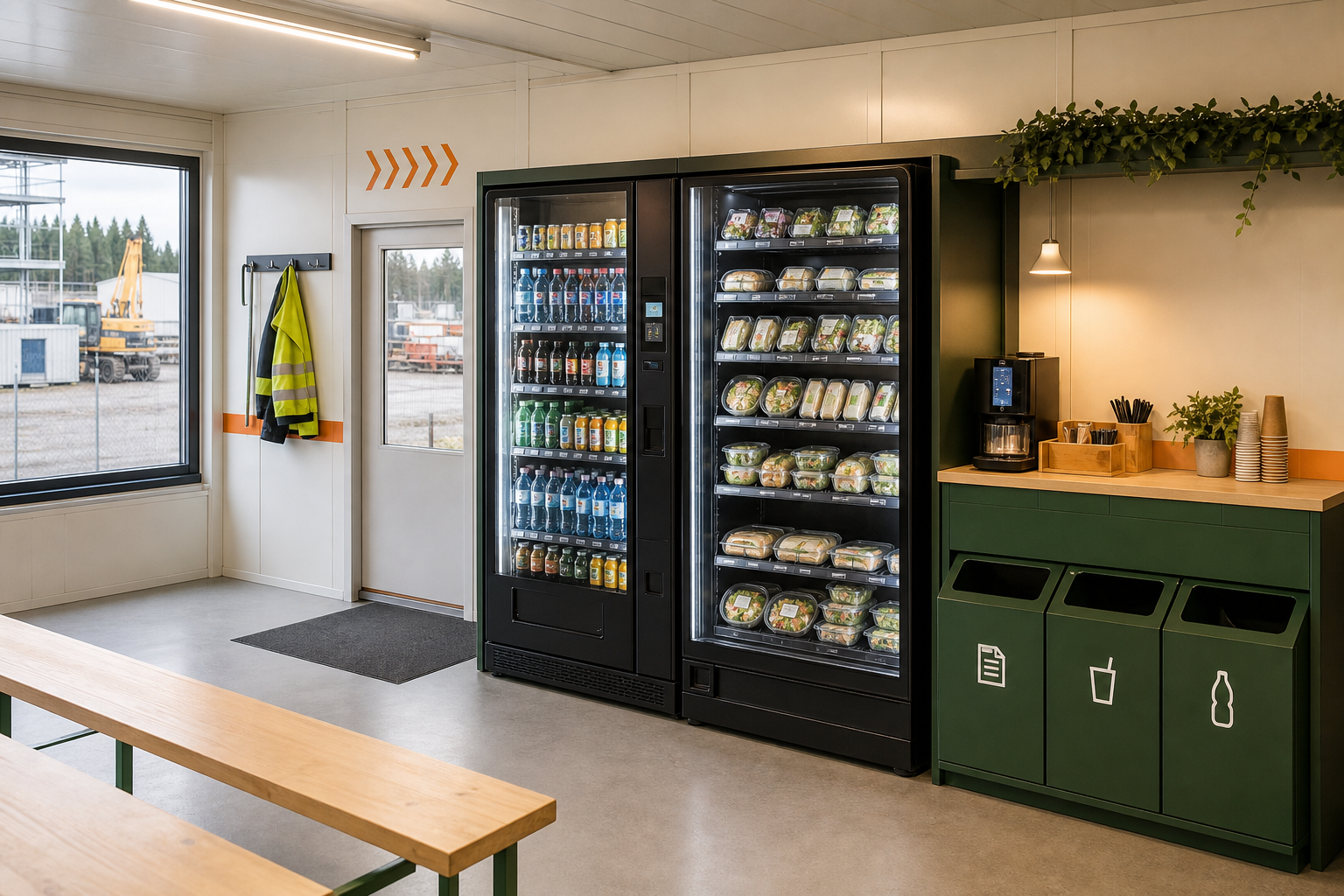 Modern fresh-food vending machines in a construction site break area